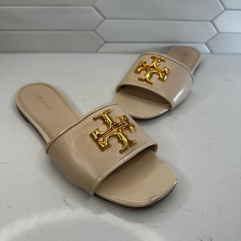 Tory Burch Eleanor Slide Tan/ Gold Patent Leather Size 8 M